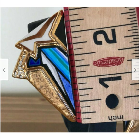 Bold Blue & Gold Glam Lightening Bolt Handpainted Ceramic Earrings Artist Signed - Picture 4 of 7